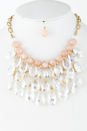 Pastel Tone Clear Droplet Beaded Statement Necklace 5DDA5